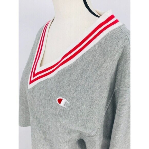 Champion Life Reverse Weave Yarn Dye Stripe Cropped V-Neck Sweatshirt‎ Women's S - Picture 9 of 12